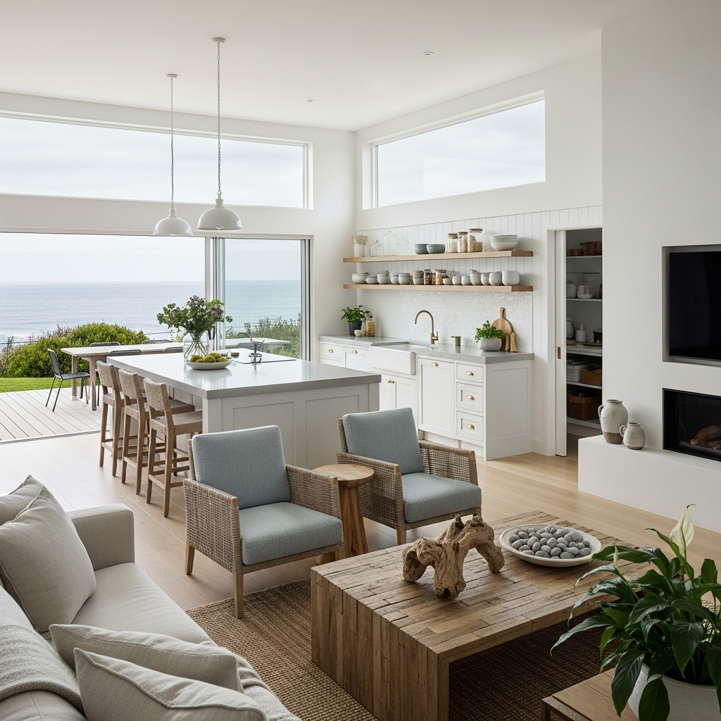 Open plan interior of a custom coastal home