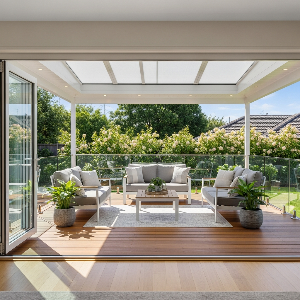 Indoor-outdoor alfresco connection through bi-fold doors