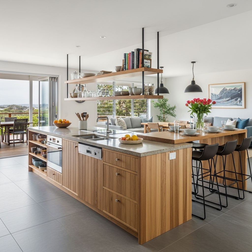 Open plan kitchen with timber island bench