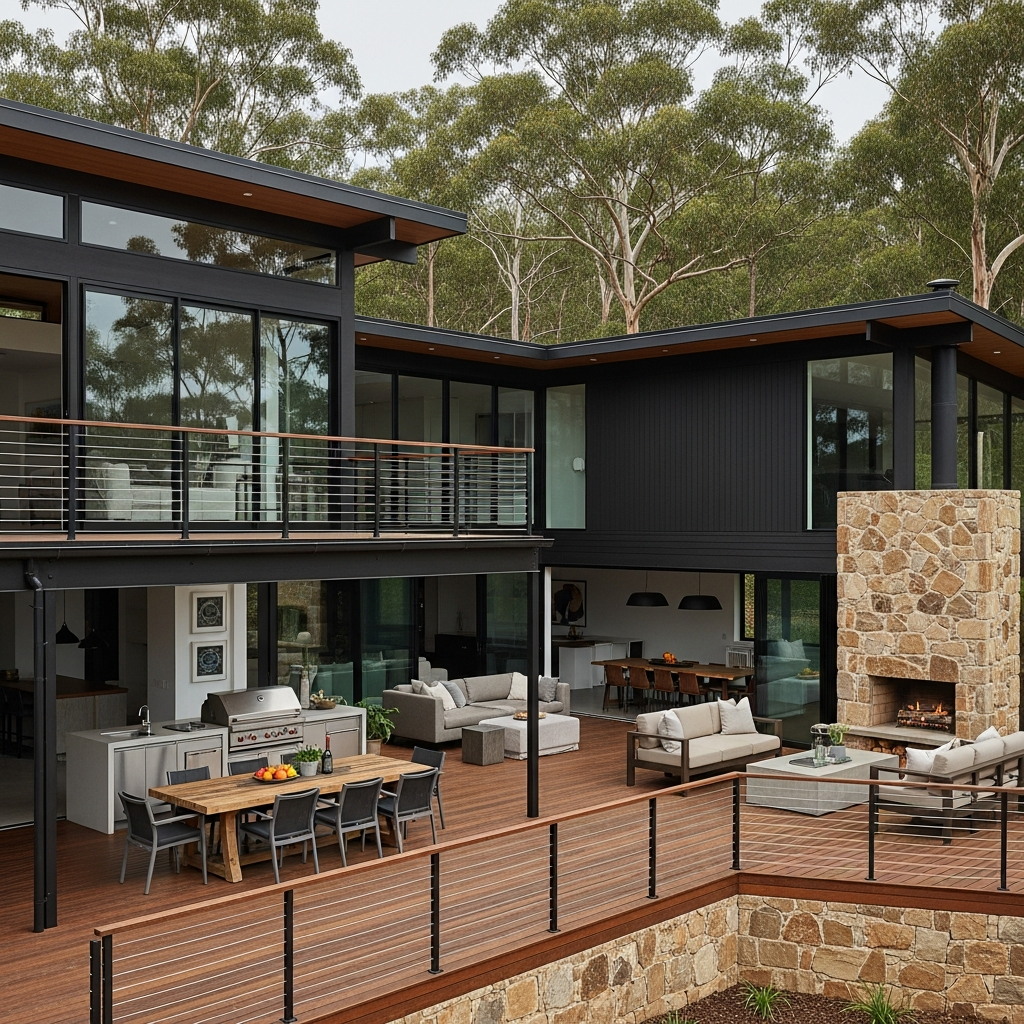 Architectural home with alfresco deck by Taylormade Building Projects