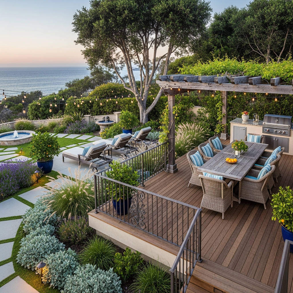 Elevated deck with pergola and coastal garden views