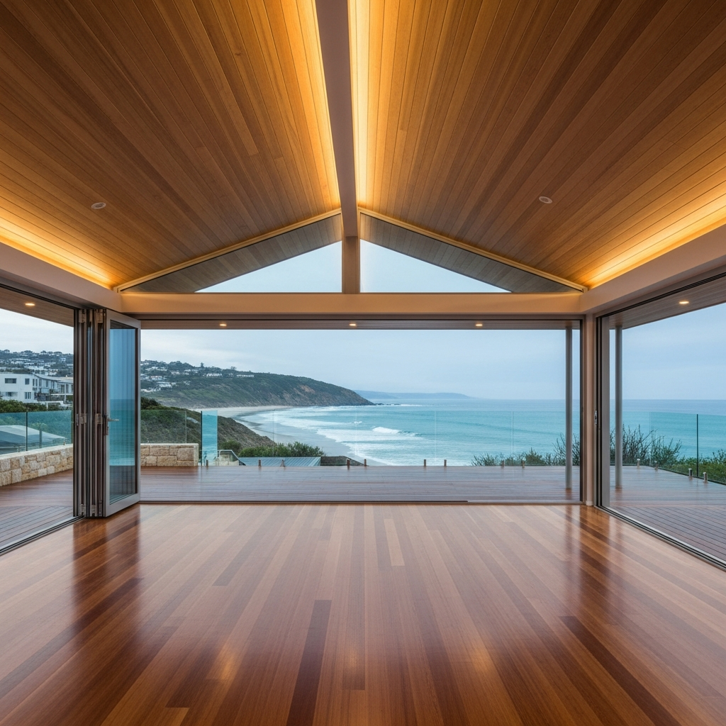 Coastal home extension with raked ceiling and ocean views