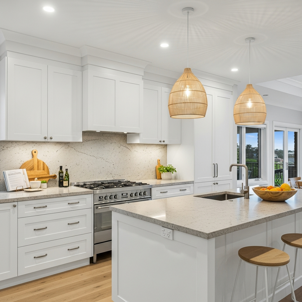 Kitchen renovation with white cabinetry and stone benchtop