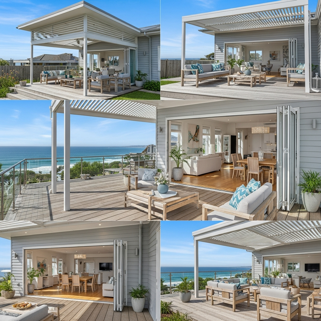 Alfresco deck with flyover roof and bi-fold doors — South Coast NSW