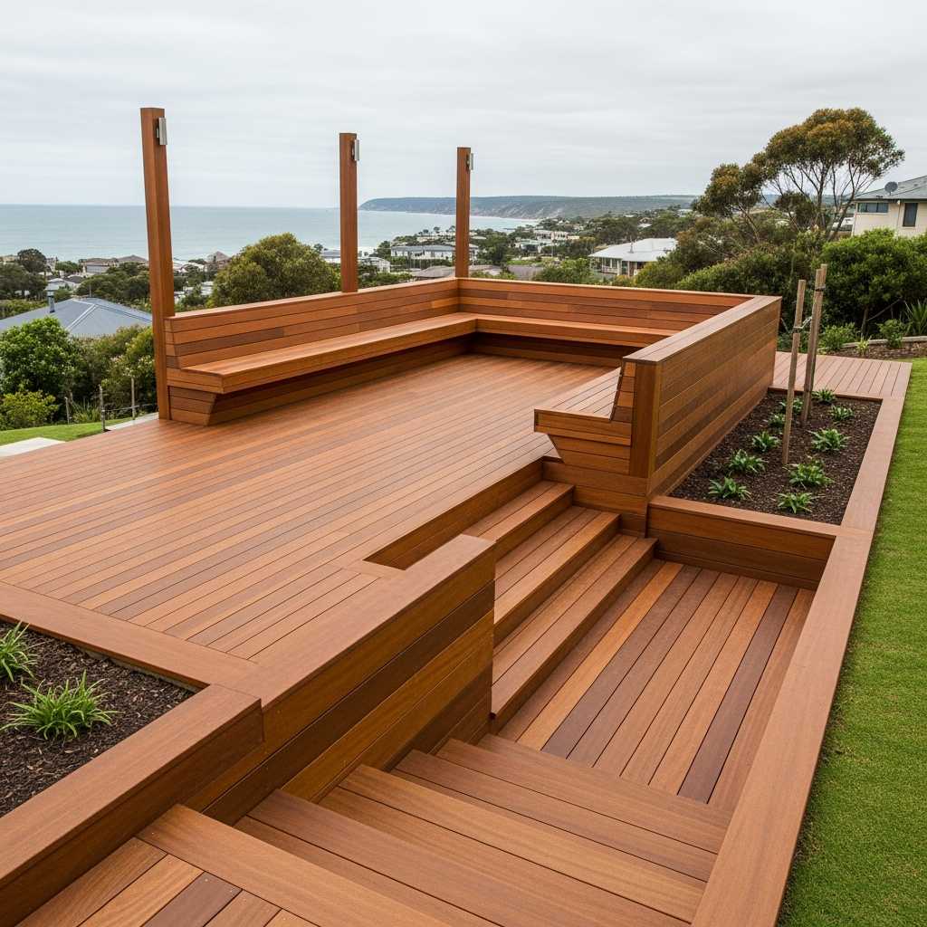 Timber deck with pergola and garden steps Jervis Bay NSW