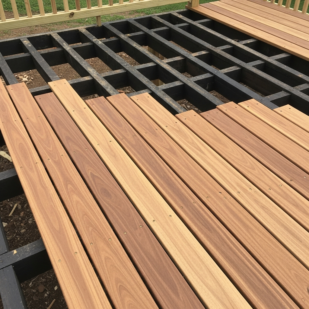 Deck renovation in progress, new hardwood installation South Coast