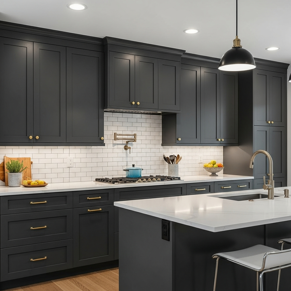 Modern kitchen with dark cabinetry and brass hardware
