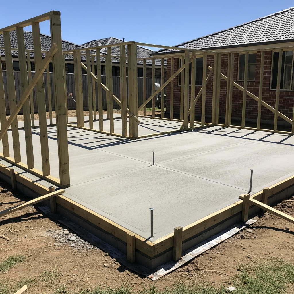 Ground floor extension under construction, slab and framing